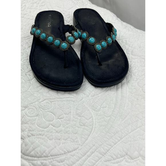 Minnetonka Women's Size 8 Blue/Black Faux Turquoise T-Post Wedge Sandals Comfort - Picture 8 of 10